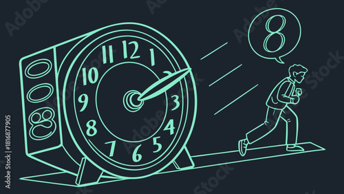 Illustration of a man running late trying to catch up with time conceptual vector design for time management and productivity
