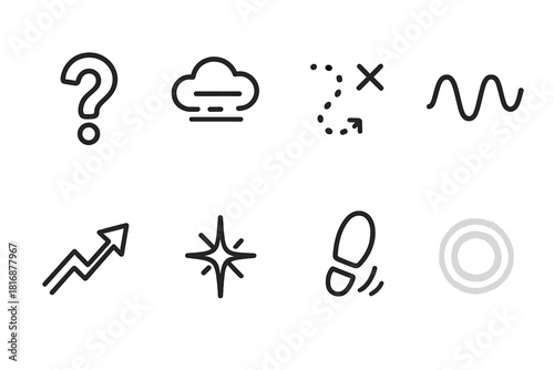 Uncertainty Icons Collection. Uncertainty Icons Set linear icon set: question mark, shifting cloud, dotted path, wavering line, tilted arrow, flicker spark, hesitant step, blurred