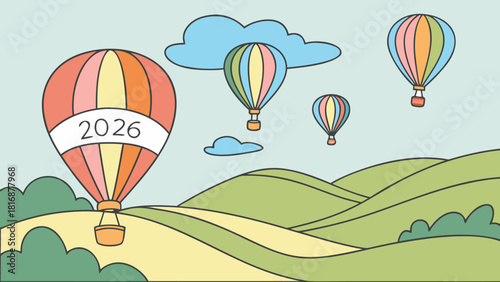 Hot air balloons floating over green hills a vector illustration representing the year 2026 symbolizing future travel and adventure