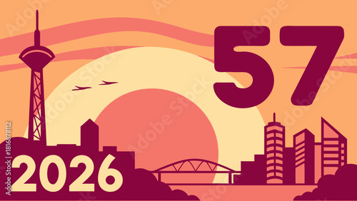 Vector illustration of a city skyline at sunset featuring the year 2026 and the number 57 flat design for event promotion