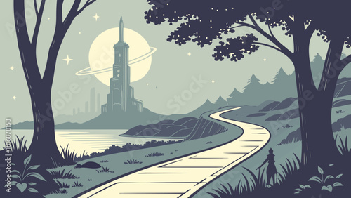 Fantasy landscape illustration with a winding path futuristic castle and celestial elements creating a serene and imaginative scene
