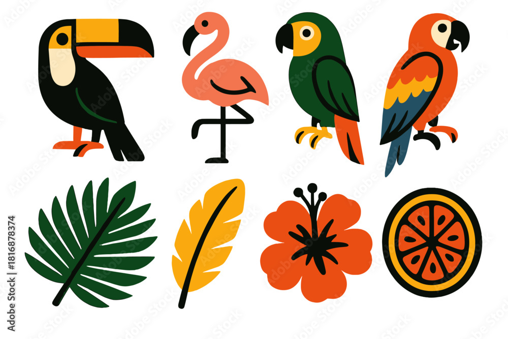 Obraz premium Bold Tropical Icons. Tropical Birds Set silhouette icon set: toucan, flamingo, parrot, macaw, palm leaf, feather, flower, fruit