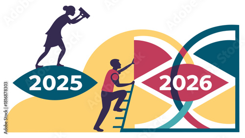 Reaching future goals a woman with a telescope looks to 2025 while a man climbs a ladder toward 2026