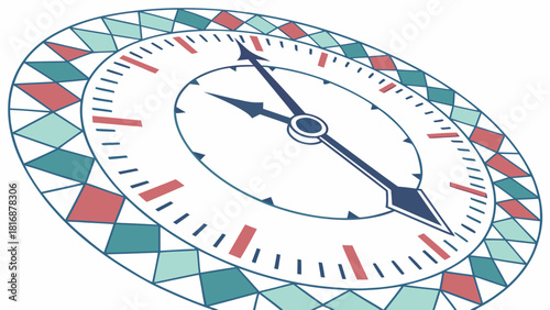 Decorative clock vector illustration with patterned border isolated on white background