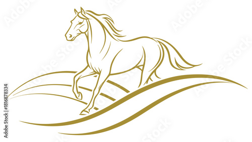 Elegant golden horse illustration running freely on stylized hills vector design for branding and equestrian themes