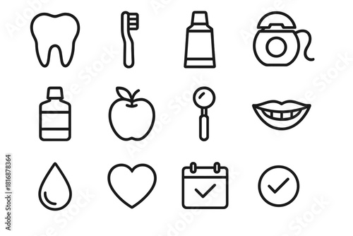 Dental Care Icons. Preventive Care linear icon set. tooth, toothbrush, toothpaste, floss, mouthwash, apple, mirror, smile, drop, heart, calendar, checkmark
