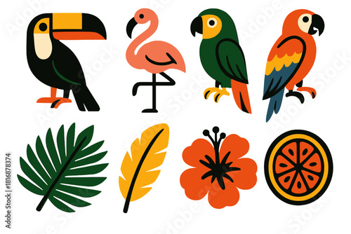Bold Tropical Icons. Tropical Birds Set silhouette icon set: toucan, flamingo, parrot, macaw, palm leaf, feather, flower, fruit