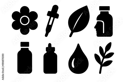 Brutalist Beauty Icons. Natural Beauty silhouette icon set. flower icon, serum dropper, herbal leaf, face silhouette, eco bottle, droplet, sparkle star, plant sprig
