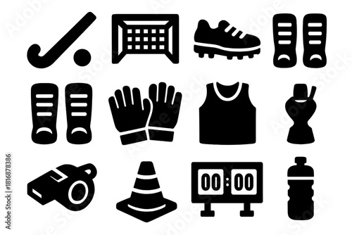 Brutalist Field Hockey Icons. Field Hockey Icons silhouette icon set: stick, ball, goal, shoes, shin guards, gloves, jersey, whistle, cone, scoreboard, flag, water bottle