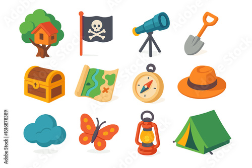 Adventure Icons Collection. Outdoor imagination flat icons set. treehouse, pirate flag, telescope, shovel, treasure chest, map, compass, hat, cloud, butterfly, lantern, tent