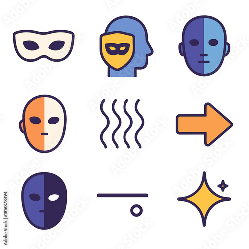 Deceptive Icon Set. General Deception flat icon set: masked face, hidden truth icon, shifting shadow, misdirection arrow, illusion haze, split mask, secret line, deceptive spark