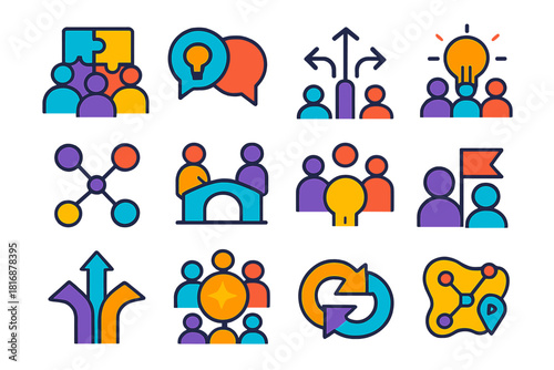 Collaboration Icons Collection. Collaborative Problem Solving flat icon set: team puzzle board, idea exchange bubble, shared strategy arrows, aligned nodes, cooperative bridge