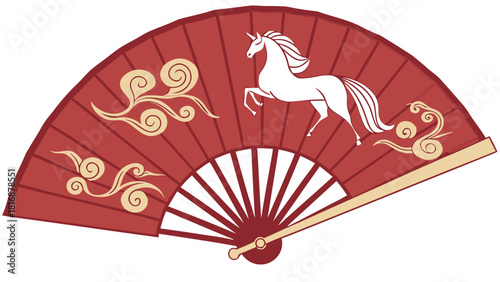 Elegant red hand fan with a white unicorn and cloud design a decorative vector illustration for cultural events and artistic projects