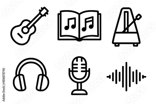 Music Practice Icons. Music Practice linear icon set. instrument, sheet music, metronome, headphones, microphone, sound wave.