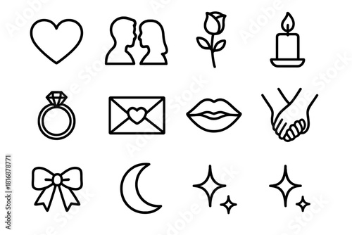 Love Symbols Collection. Love Concept linear icon set: heart, couple silhouette, rose, candle, ring, envelope, star, kiss mark, hand holding, ribbon, moon, sparkles