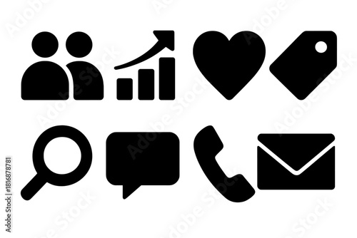 Brutalist Icon Set. Customer Audience Set silhouette icon set. group, chart, heart, tag, magnifier, speech bubble, phone, envelope.