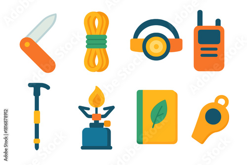 Modern Exploration Gear Icons. Outdoor exploration tools flat icon set: pocket knife, rope coil, headlamp, walkie-talkie, trekking pole, portable stove, field notebook, whistle