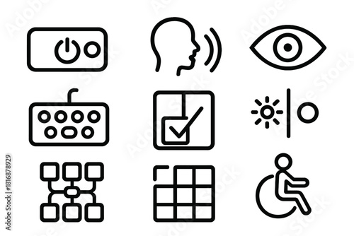 Inclusive Tech Icons. Inclusive Tech Engagement linear icon set: accessibility switch, voice command bubble, eye-tracking dot, adaptive keyboard, enlarged icon tile, contrast bar