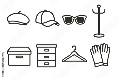 Wardrobe Essentials Icons. Accessory Closet Set linear icon set. beret, cap, sunglasses, hat stand, box, drawer, hanger, gloves.
