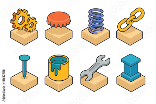 Isometric Found Object Icons. Found Object Sculpture flat icons set. gears, bottle cap, spring, chain, nail, paint can, wrench, pedestal