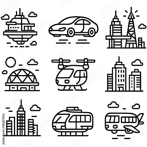 Futuristic Urban Icons. Futuristic Cityscape linear icon set. floating buildings, hover car, sky bridge, neon tower, digital billboard, drone taxi, solar dome, flying bus