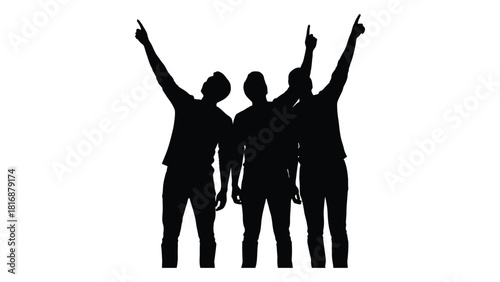 Three men pointing upward silhouette isolated on white background, Vector