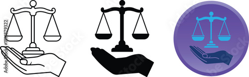 Hand holding the balance scales of justice in line art silhouette and color styles vector