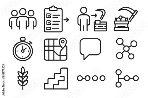 Harvest Coordination Icons. Harvest Team Coordination linear icon set: group icons, shared checklist, assignment arrows, harvesting tool, crate pickup symbol, timing indicator