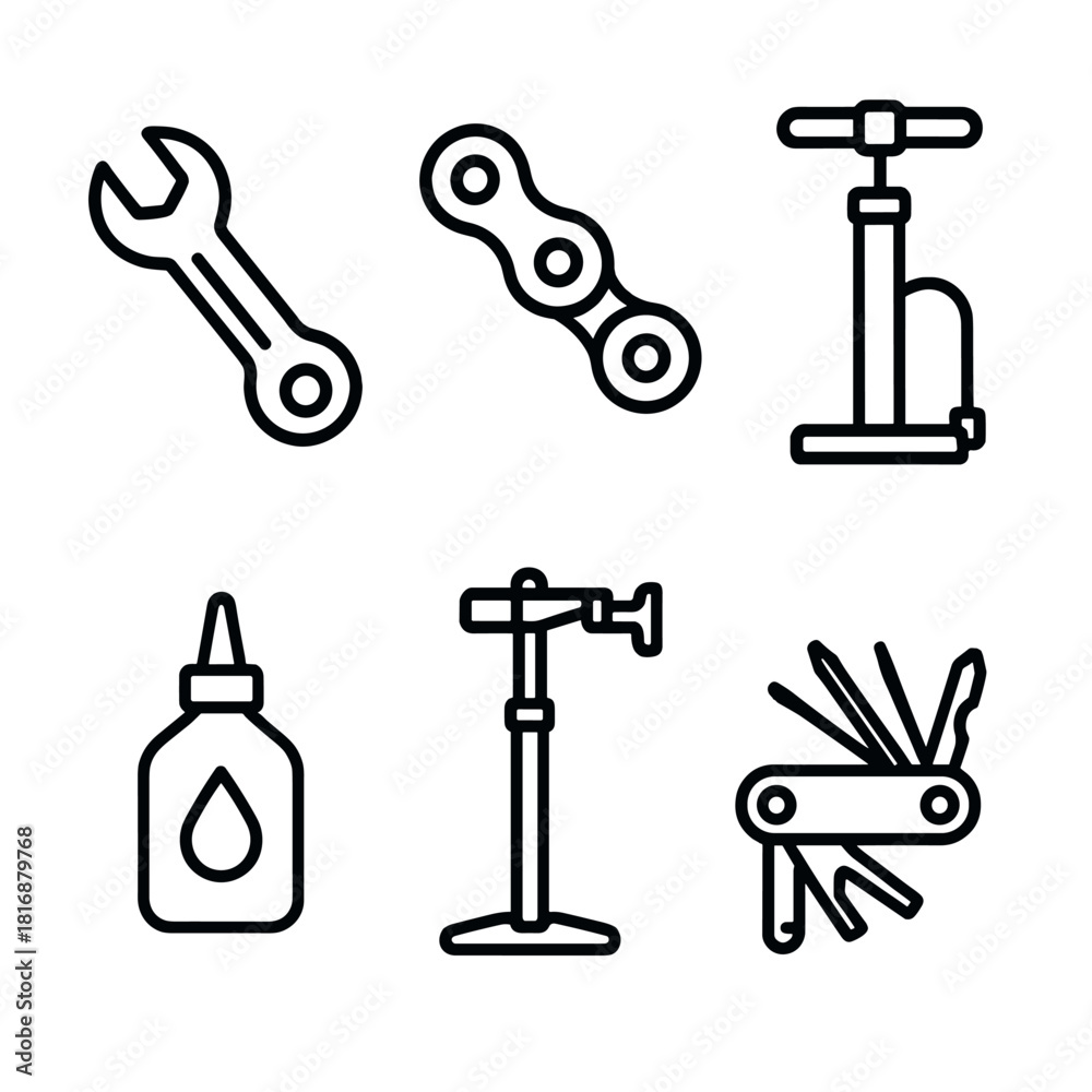 Fototapeta premium Bike Repair Icons. Bike Maintenance linear icon set. wrench, chain, tire pump, lubricant bottle, repair stand, multitool