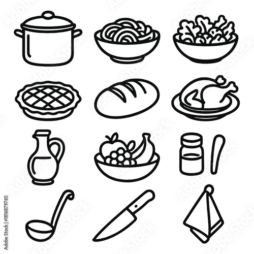 Homemade Recipe Icons. Homemade Recipes linear icon set. soup pot, pasta bowl, salad plate, roasted chicken, pie, bread loaf, fruit bowl, spice jar, olive oil bottle, ladle, knife