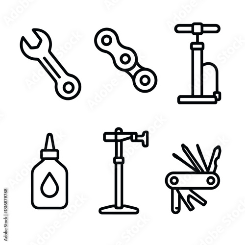 Bike Repair Icons. Bike Maintenance linear icon set. wrench, chain, tire pump, lubricant bottle, repair stand, multitool