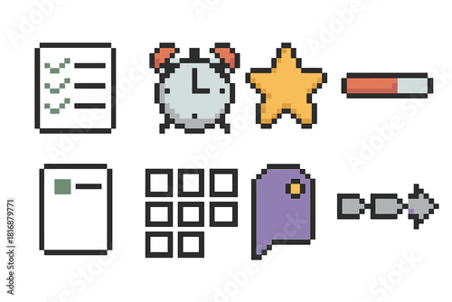 Task Management Icons. Task Focus pixel style icon set: checklist, deadline clock, priority star, progress bar, single task card, organized grid, tagging marker, workflow arrow