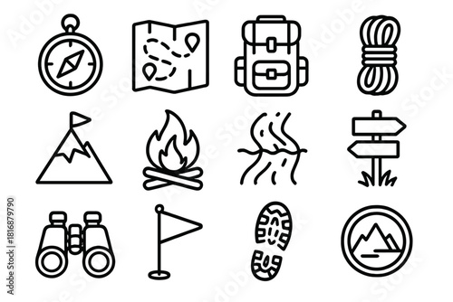 Adventure Icon Set. Adventure Elements linear icon set: compass icon, trail map sheet, sturdy backpack, climbing rope coil, mountain peak marker, campfire flame, river crossing