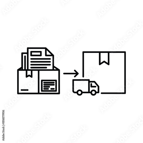 Order fulfillment process icon showing package preparation, shipping truck, and final delivery box, isolated on