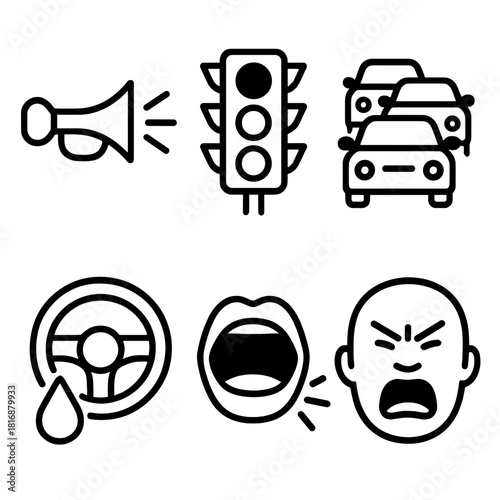 Traffic Jam Frustration. Traffic Irritation linear icon set. car horn, red light, traffic jam, steering wheel, sweat drop, yelling mouth