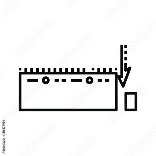 Black line art vector icon illustrating an easytear perforation line on a rectangular object with a downward tear indication