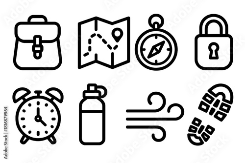 Journey Essentials Icons. Journey Preparedness linear icon set: packed pouch, route map, steady compass, travel clock, secure lock, refill bottle, calm breeze line, sturdy