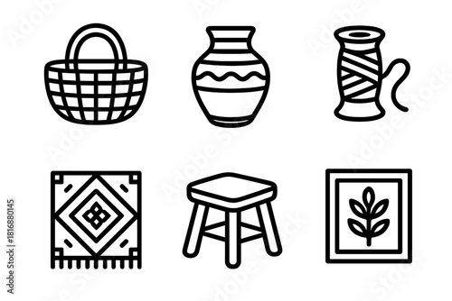 Artisan Craft Icons. Artisan Living linear icon set. woven basket, pottery, thread spool, fabric pattern, stool, art print