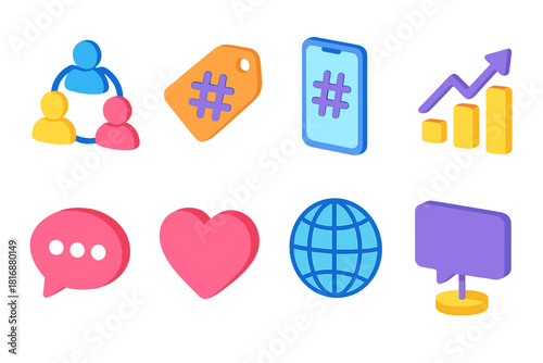 Social Media Icons. Community Hashtag Trends flat icons set. people network, hashtag tag, mobile app, trending bar, chat icon, like heart, digital globe, post bubble