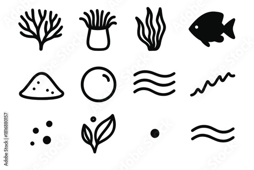 Underwater Nature Icons. Subaquatic Nature Pack linear icon set: coral fan, anemone shape, drifting algae, fish silhouette, sand mound, shimmer bubble, deep current line, sea ridge