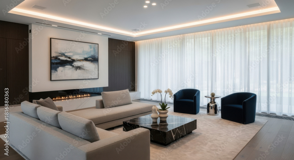 Fototapeta premium Modern living room with fireplace, abstract art, and plush seating, luxurious ambiance.
