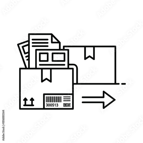 Line icon representing order fulfillment process with package, document, and shipping arrow isolated on