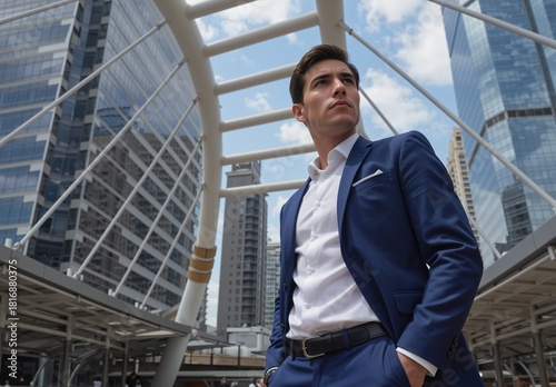 Wallpaper Mural confident businessman in a suit looking up at modern city architecture. Torontodigital.ca
