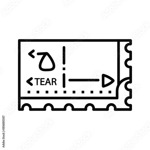 Black and white line icon representing a tear off strip on a ticket or coupon with tear direction arrow and instruction