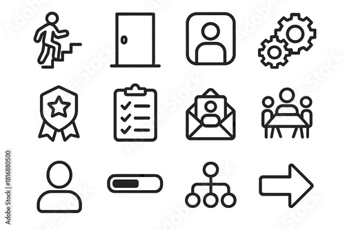 Career Icons Collection. Career Path Collection linear icon set: career ladder, opportunity door, professional profile, skill gears, certification badge, task list, hiring envelope