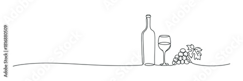 Continuous line art drawing of a wine bottle, glass, and fresh grapes with a leaf, elegant minimalist design on white. Vector