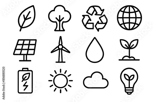 Eco Innovation Icons. Environmental Eco Innovation linear icon set: leaf, tree, recycling symbol, globe, solar panel, wind turbine, water droplet, plant, eco battery, sun, cloud