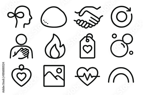 Self-Soothing Icon Set. Self-Soothing Techniques linear icon set: calm breath loop, grounding stone, warm connection line, gentle reset marker, supportive gesture hand, inner-peace