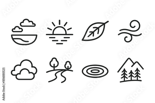 Tranquil Nature Icons. Nature Peace linear icon set: tranquil lake line, sunrise glow, drifting leaf, gentle breeze swirl, soft clouds, quiet trail, still water ripple, nature calm