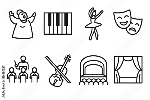 Performing Arts Icons. Performing Arts Collection linear icon set: opera singer, piano keys, ballet dancer, theater mask, orchestra pit, violin bow, concert hall, stage curtain